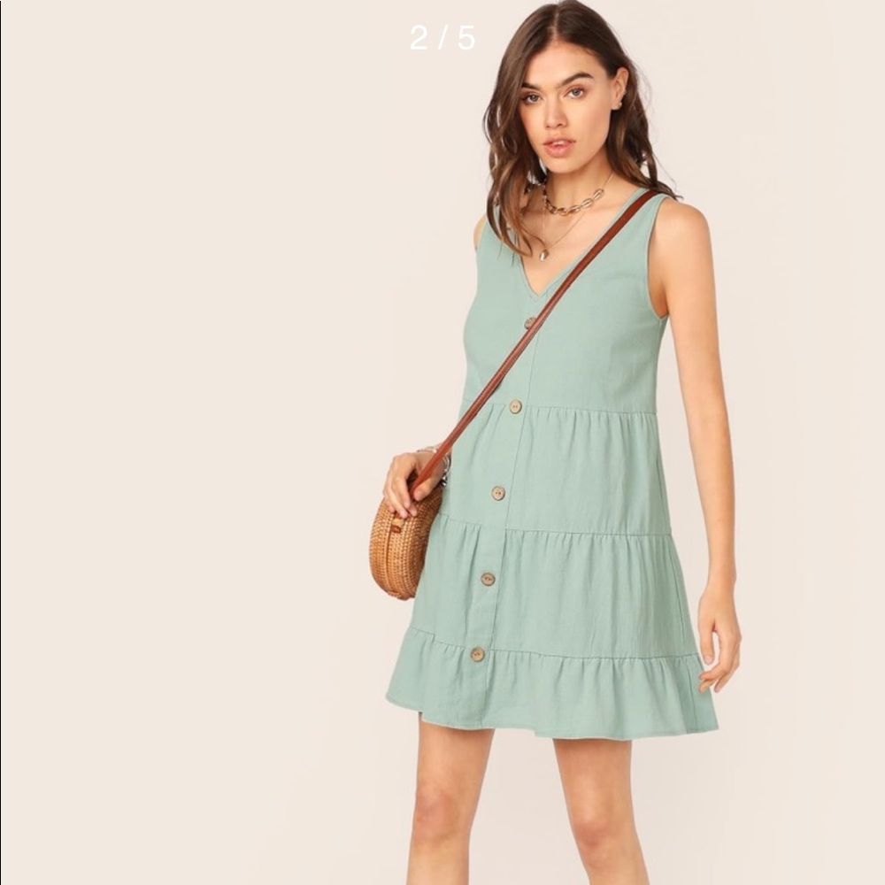 Shein Green Solid Buttoned Front Smock Dress